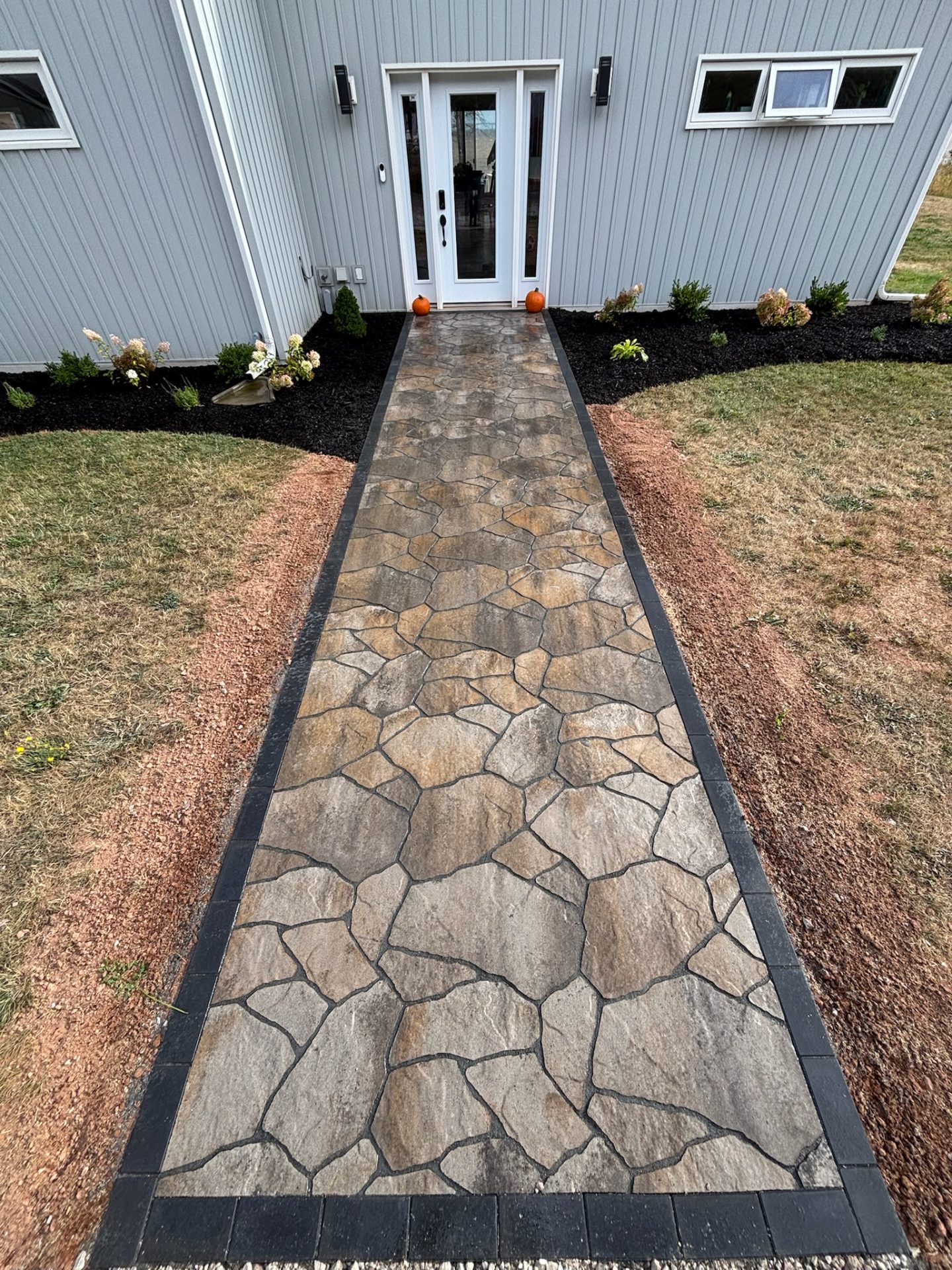 Stone walkway leading to modern house entrance.