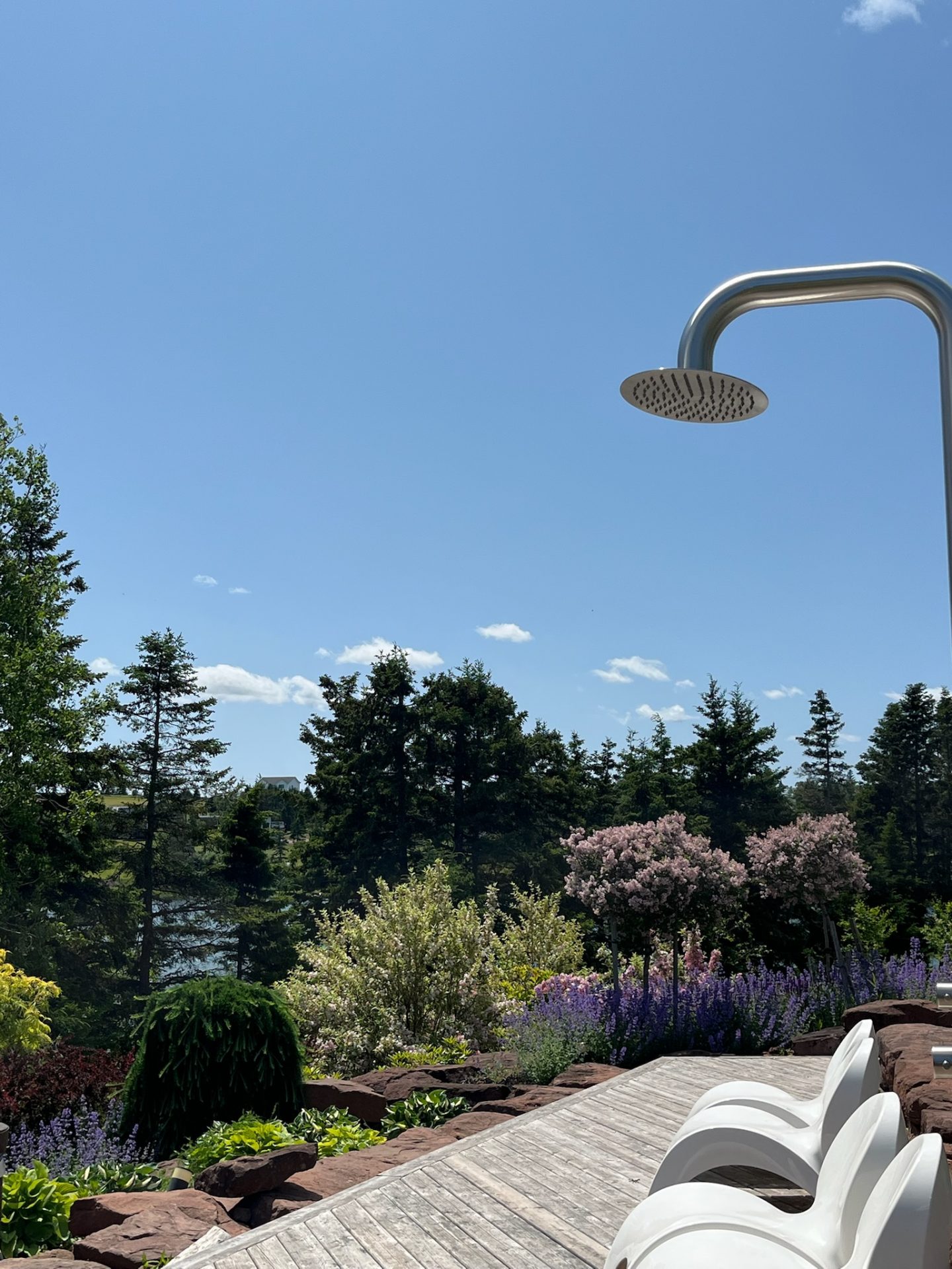 Garden with outdoor shower under clear blue sky.