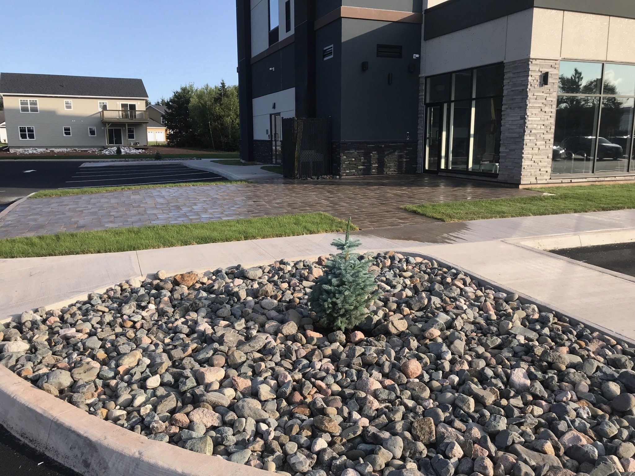 Modern building with landscaped garden and paving