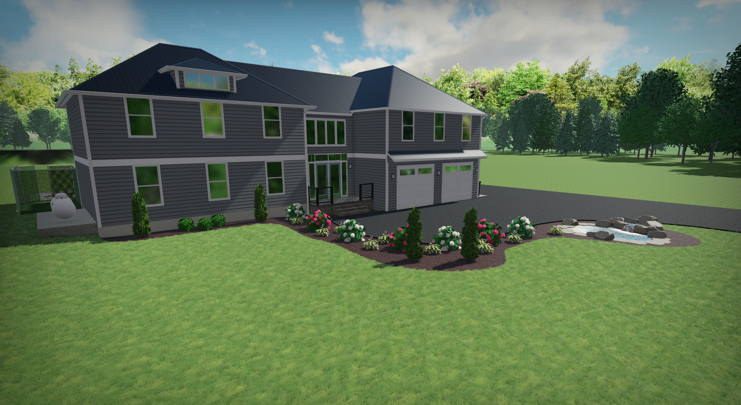 Modern two-story house with landscaped garden and pond.