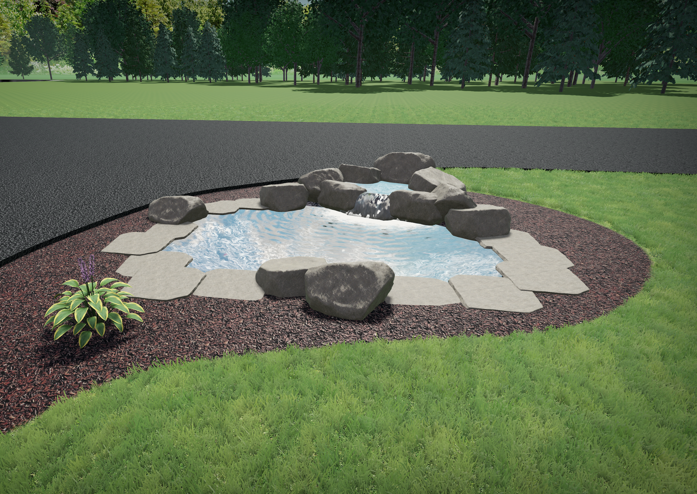 Small garden pond with surrounding rocks