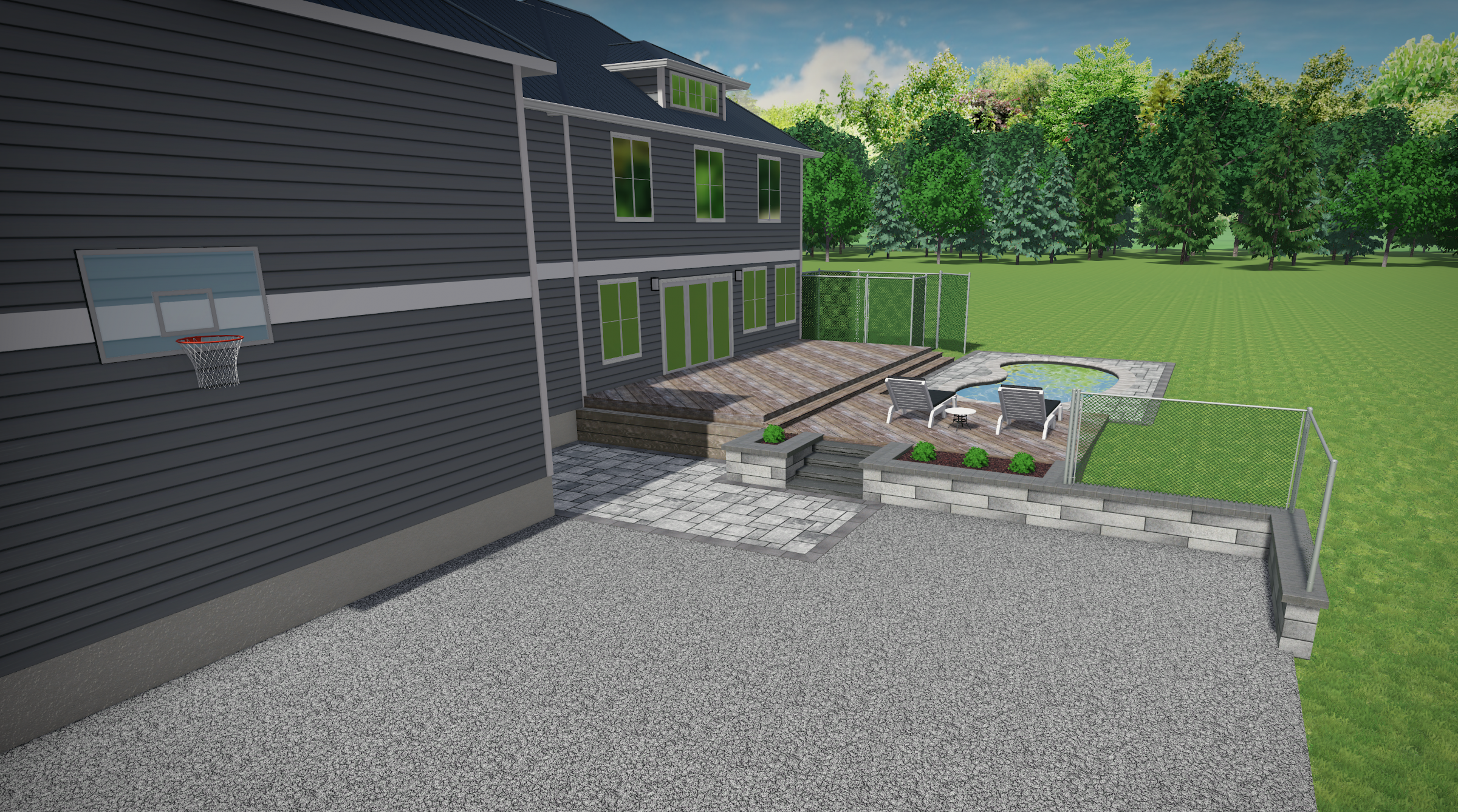 Backyard patio with pool and basketball hoop.