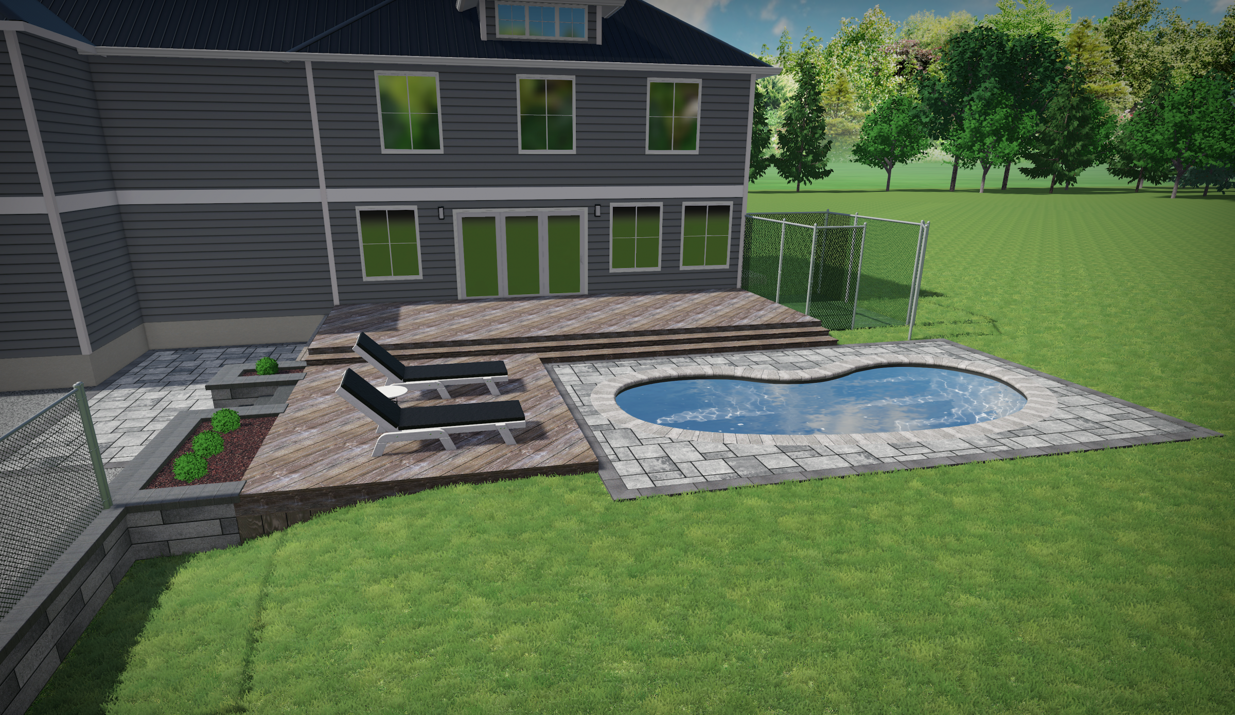 Modern backyard with pool and lawn