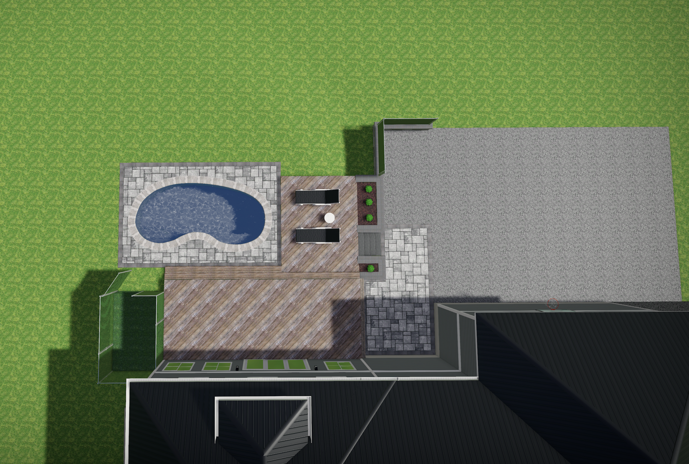 Aerial view of backyard with pool and patio.