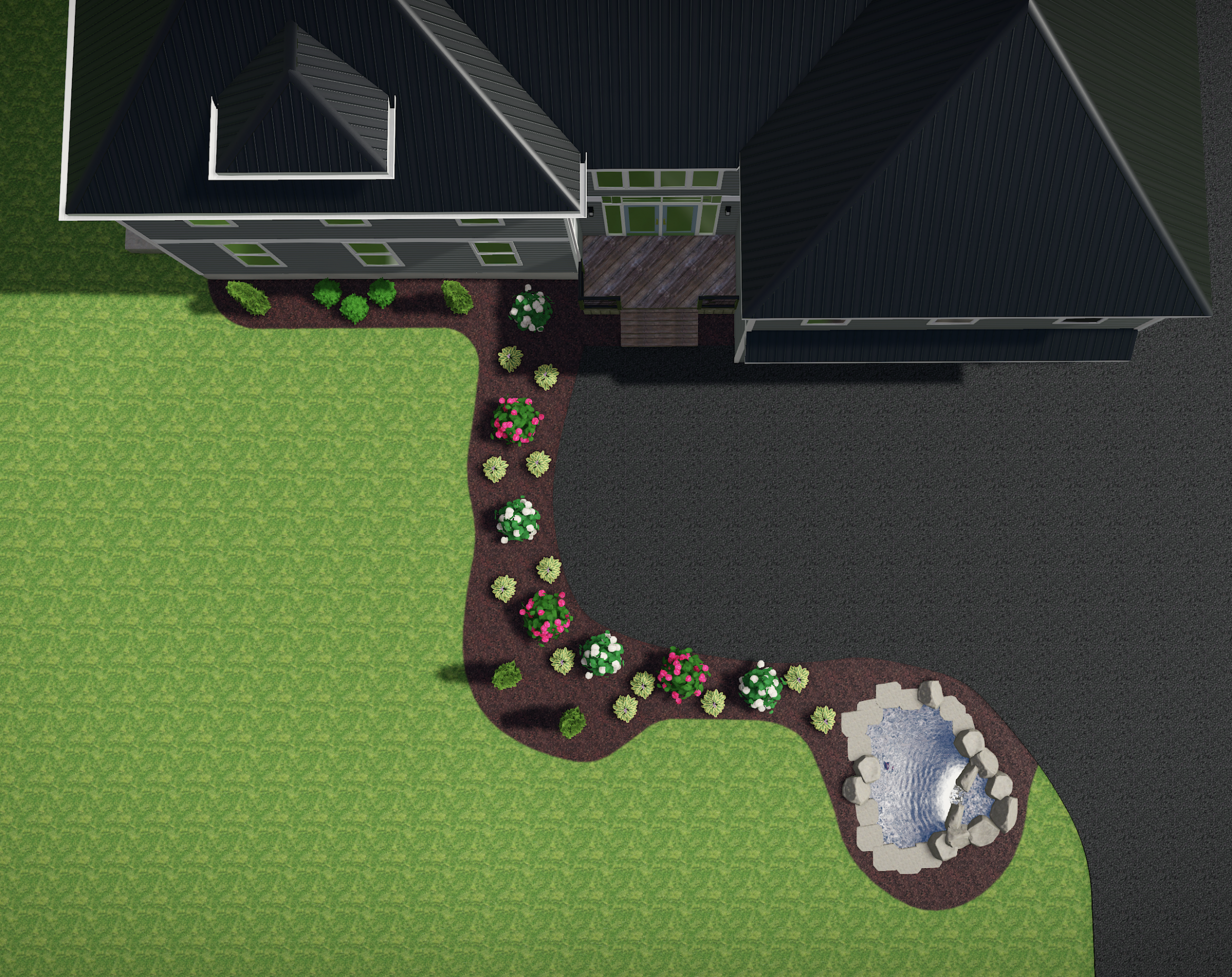 Aerial view of suburban home and landscaped garden