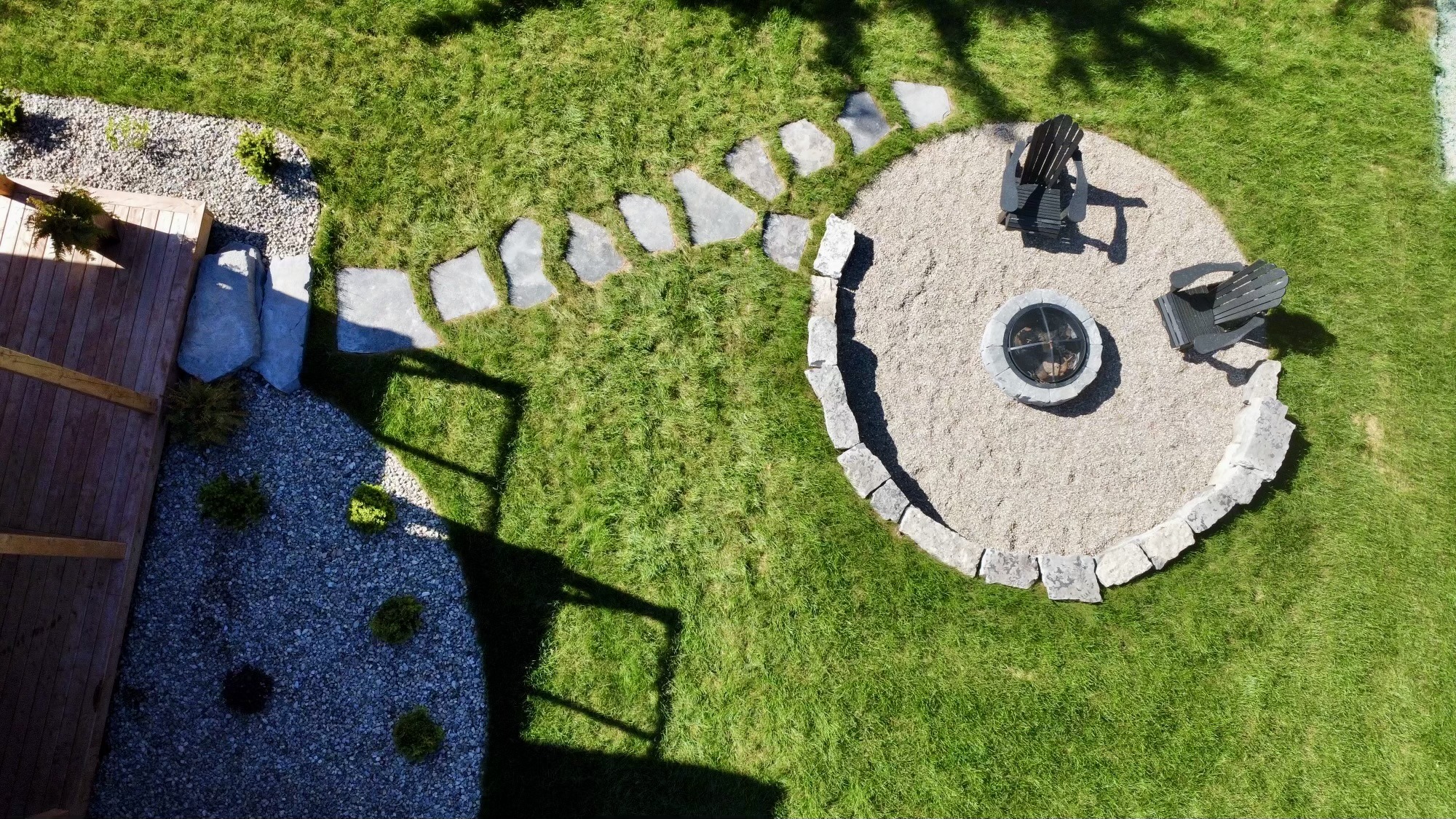 Backyard with fire pit and stone path
