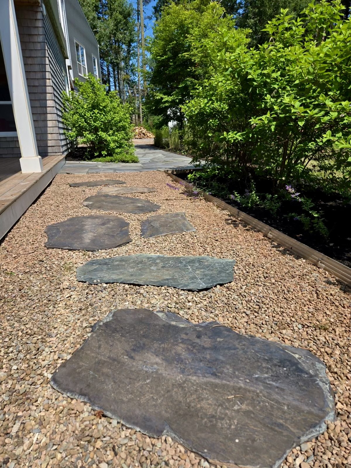 Stone pathway next to greenery and house