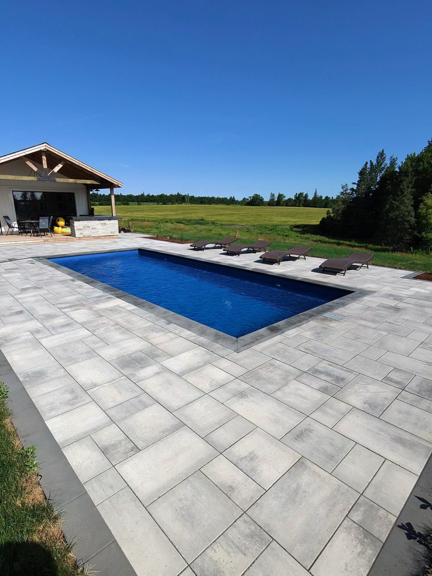 Sunny backyard with swimming pool and patio chairs.