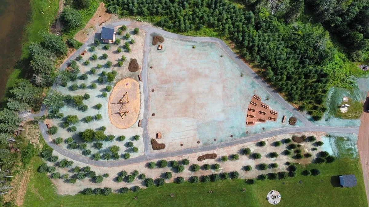 Aerial view of park with trees and playground.
