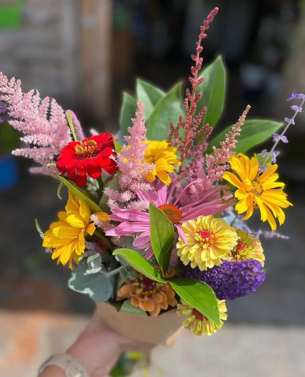 Colorful bouquet of mixed flowers in sunlight