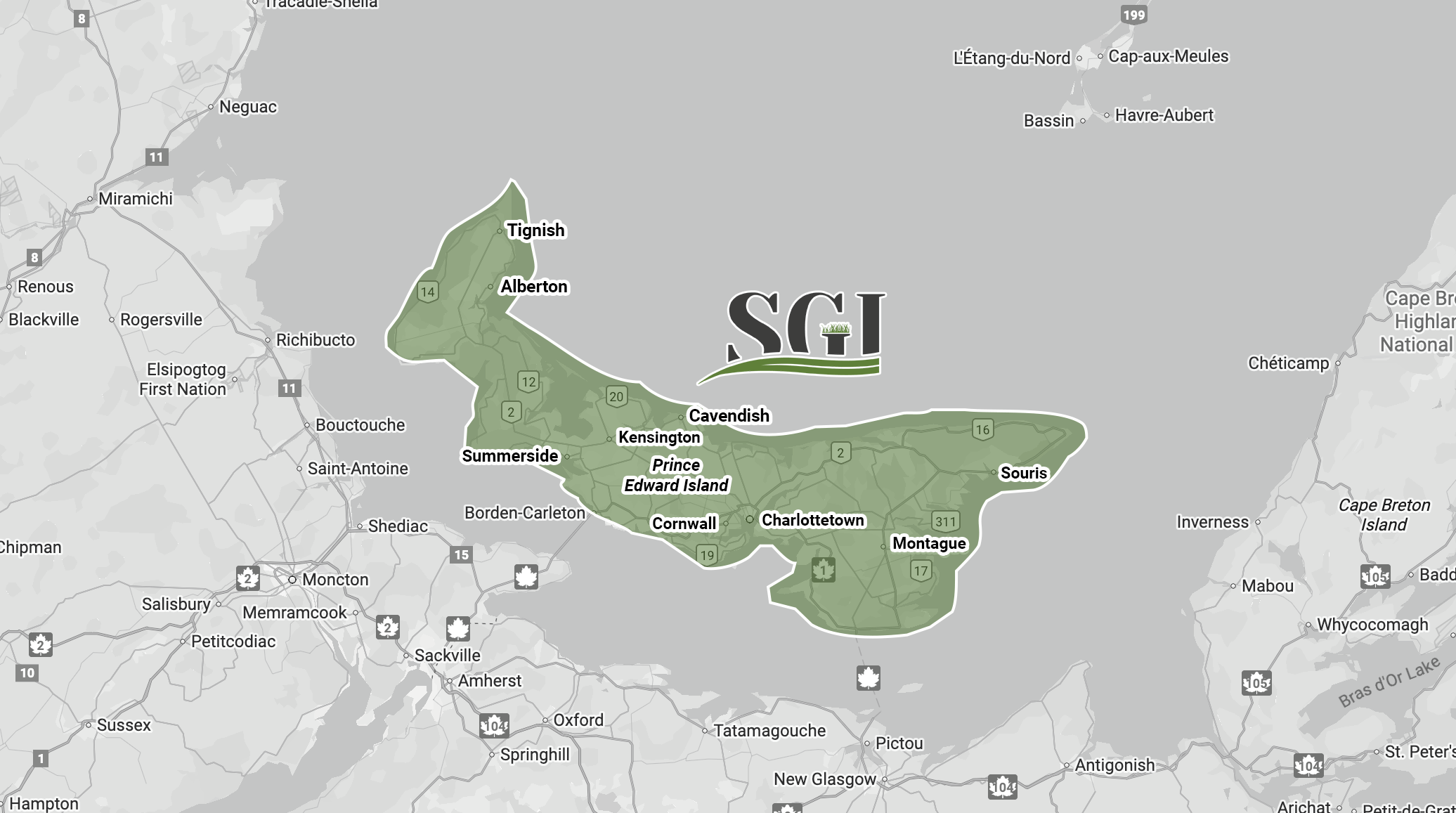 Map highlighting Prince Edward Island, Canada towns