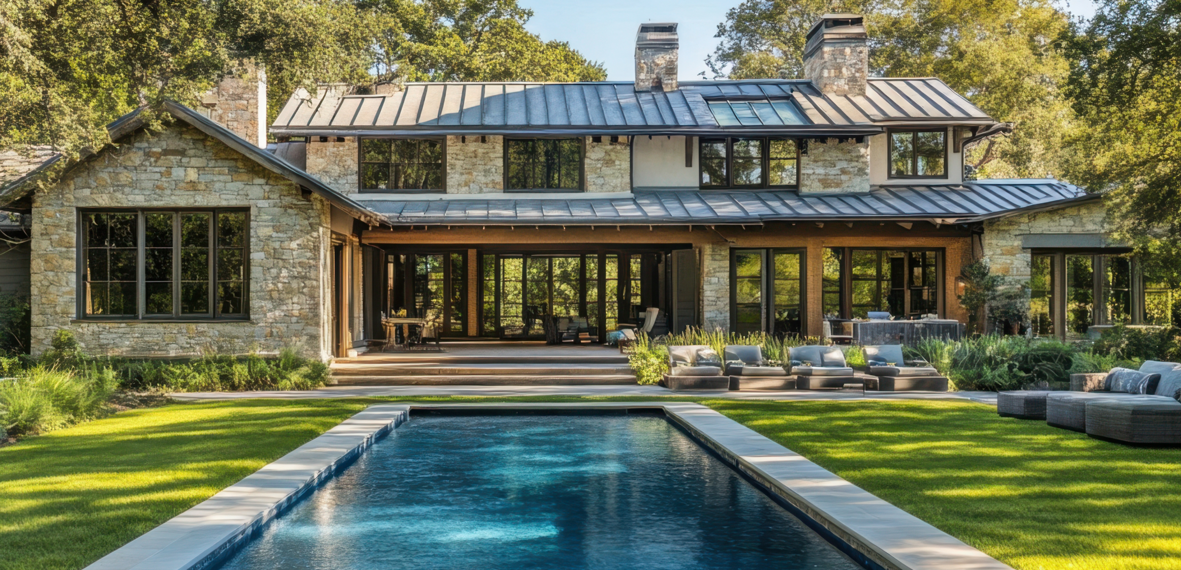 Modern stone house with pool and patio.